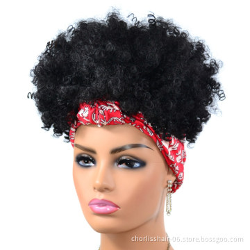 Wholesale Ombre Black Short Turban Wig Afro Headband Wig Kinky Curly Synthetic Wig With Headband Attached For Black Women